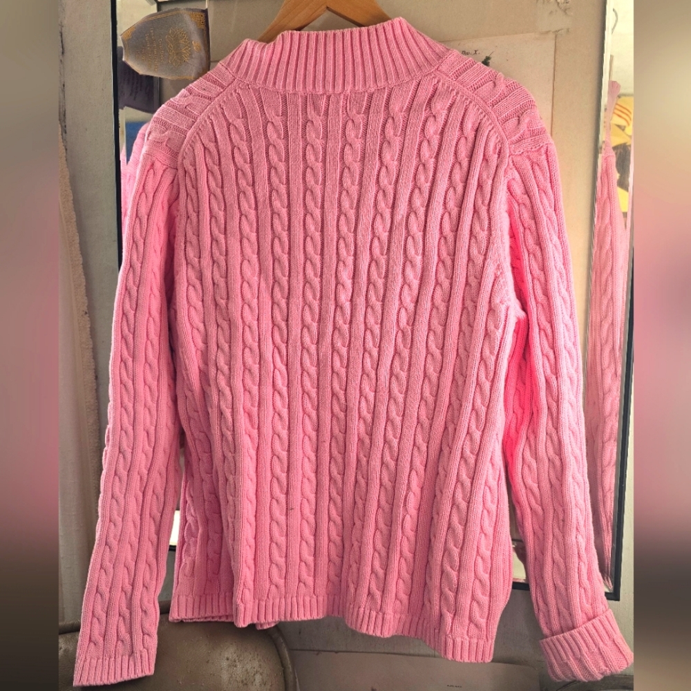 Women's LL Bean Pink Cable Knit Zip Up Cardigan Cotton Sweater XL - Picture 4 of 6